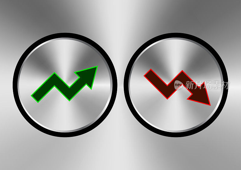 绿色向上箭头和红色向下箭头银色按钮。证券交易所的概念体现了交易者的盈亏交易。矢量插图。