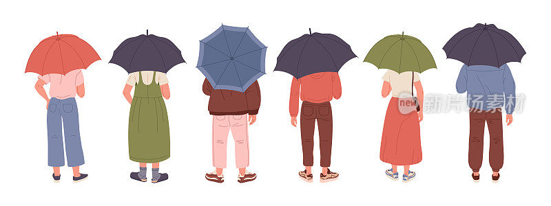 人们打着伞。男性和女性人物从后面在阴雨天气，人类转身躲在伞下平面矢量插图集。雨伞下的人
