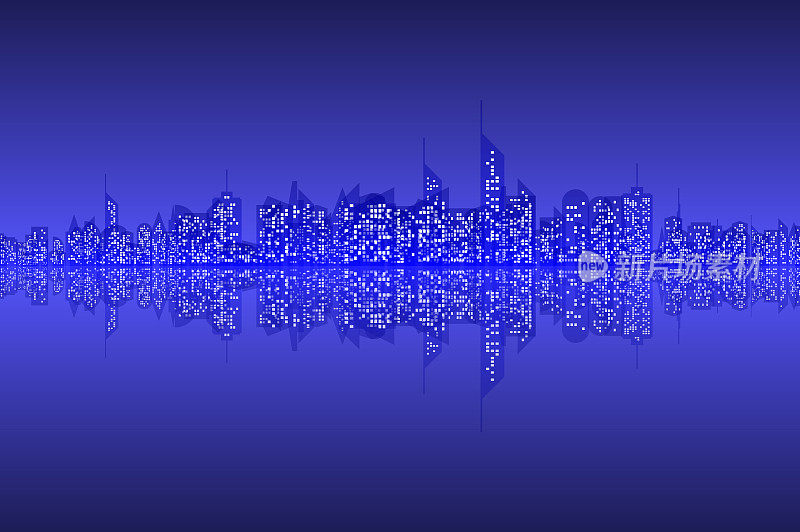 夜景的蓝色城市景观的摩天大楼，与反射