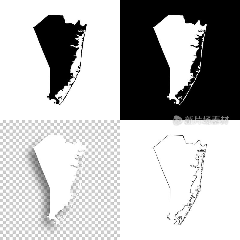 新泽西海洋县。设计地图。空白，白色和黑色背景