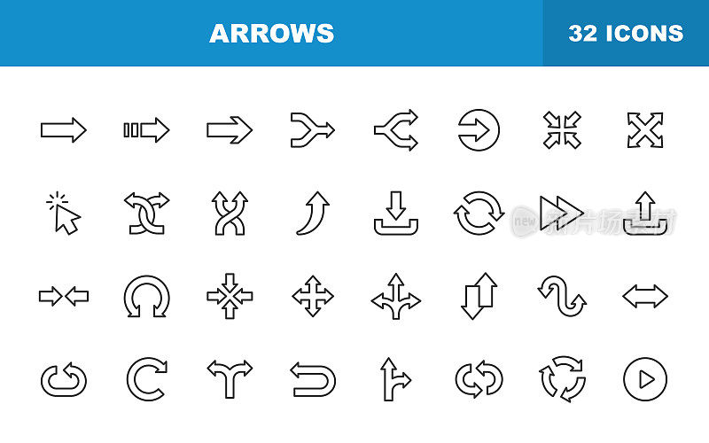 箭头线图标。可编辑的中风。包含诸如方向，交通标志，导航，用户界面设计，流程图等图标。