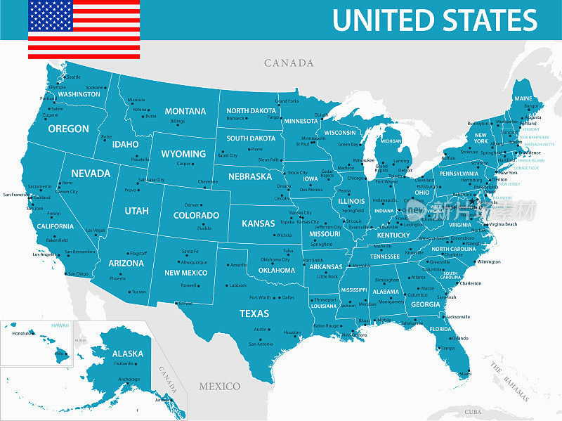美国地图-矢量插图