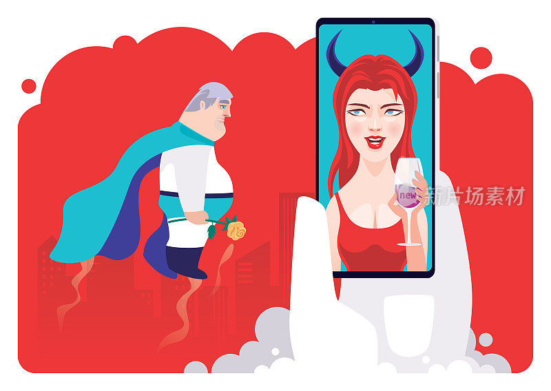 中年超级英雄用智能手机和邪恶女人视频聊天