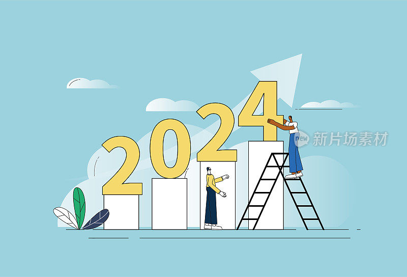 数据列，上升箭头符号，阶梯，白领，2024。2024年的经济增长。