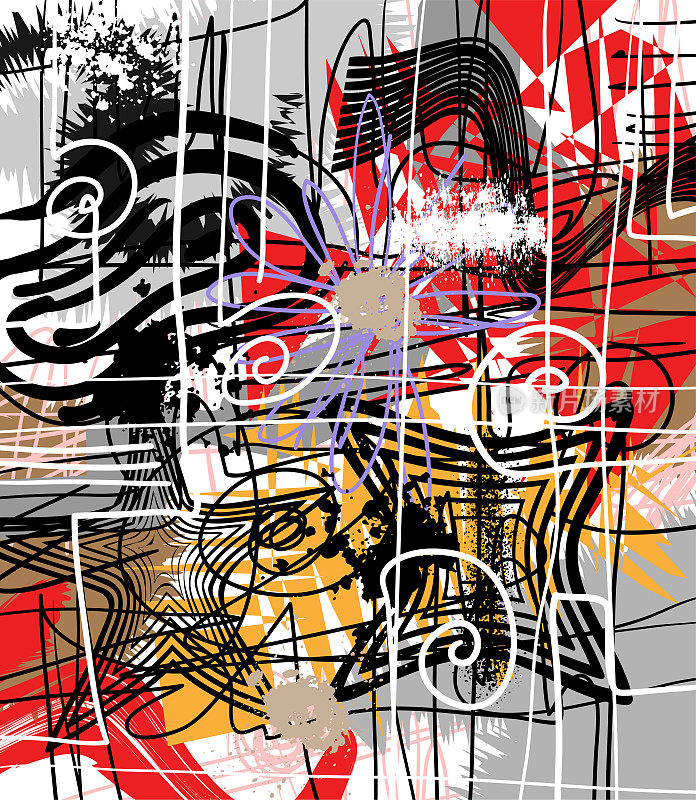 抽象扭曲的几何，垃圾和粗略的线条，自由绘画艺术海报