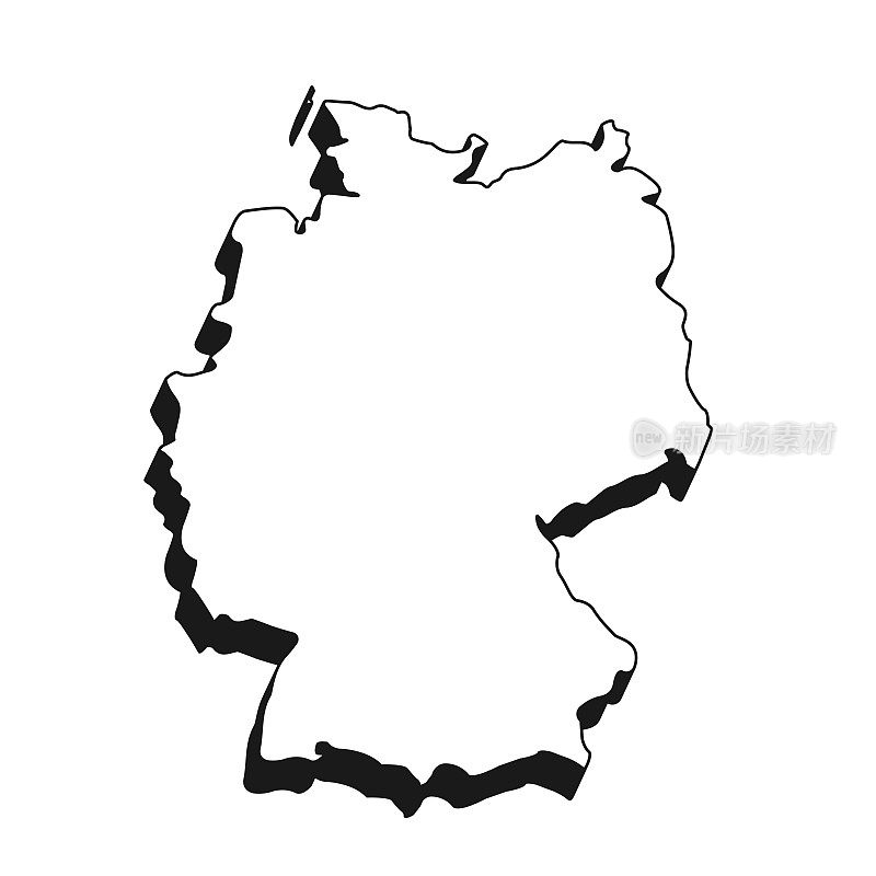 德国地图，黑色轮廓，白色背景上的阴影