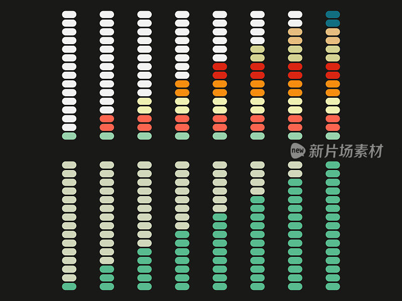 矢量声音音量进度条的水平指示与颜色编码标签设计元素在黑色背景上