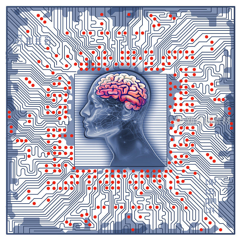 人的头与人工智能电路板在白底插图