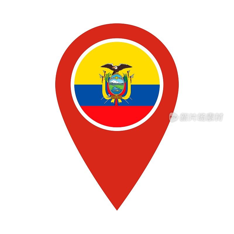 精确矢量图标与厄瓜多尔国旗隔离在白色背景上。地图指针符号的网站，gps导航，应用程序。平面设计中的插图。位置标记。地图上的地理位置标记。