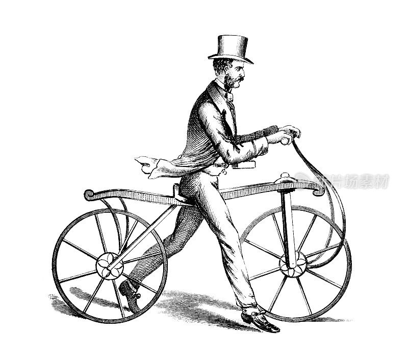 19世纪的雕刻-骑自行车的绅士
