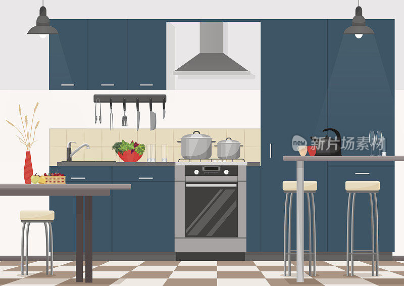 现代厨房内部配备家具和烹饪设备。卡通现实