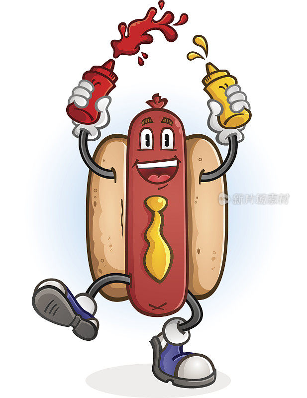 热狗喷射番茄酱和芥末卡通人物