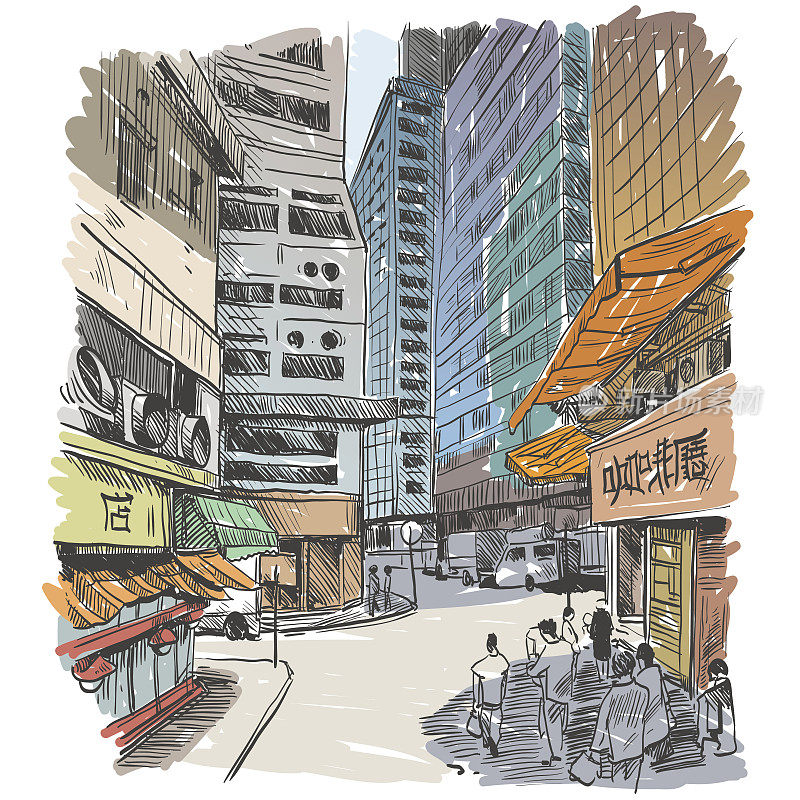 香港城市手绘，矢量图