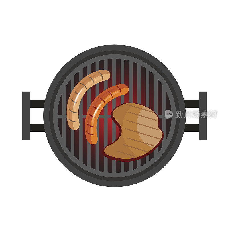 烧烤配牛排，香肠。肉类的制备。用热炭烤。矢量插图孤立在白色背景。
