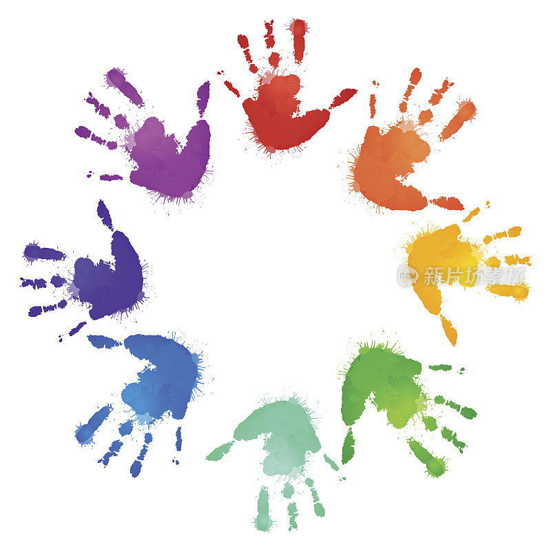 彩虹印在孩子们的手上。矢量框架的明信片和你的设计