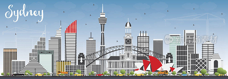 悉尼澳大利亚的天际线与灰色的建筑物和蓝天。