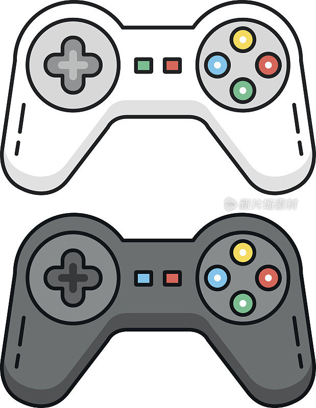 游戏控制器。黑白手柄。轮廓的概念。线游戏控制器，游戏手柄图标的轮廓。平面设计图形元素。矢量图