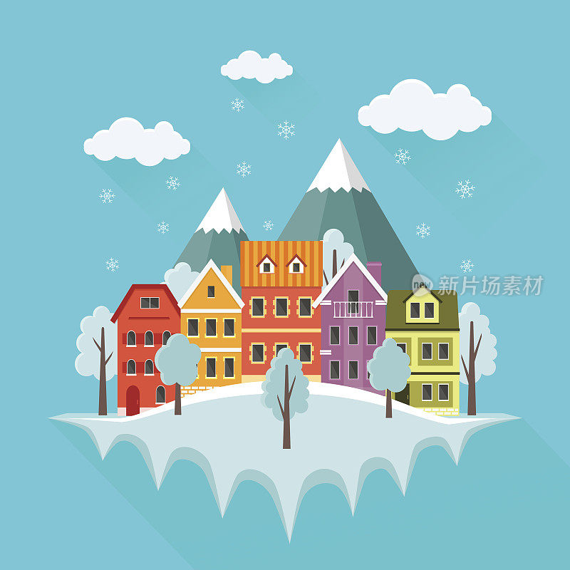 平坦的冬季城市景观，城市景观与飘落的雪，城市与小可爱的房子和山。村庄，城市或城镇矢量插图。
