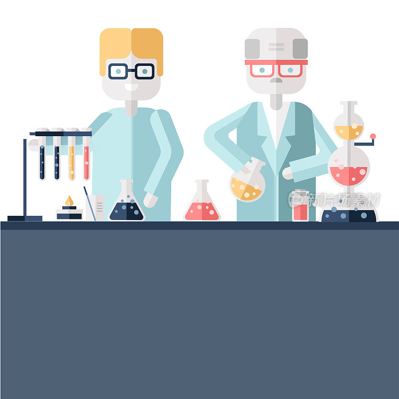 两个穿着白大褂的科学家化学家在一个科学实验室里。男人和女人用试管和烧瓶做化学实验。平面向量插图。
