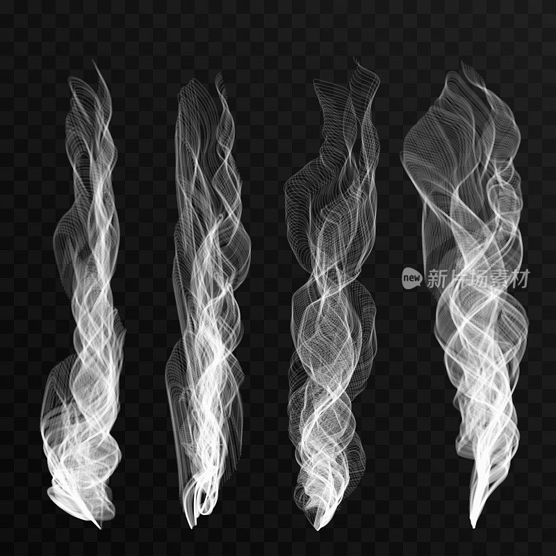 烟雾波设置在透明的背景。香烟烟雾波浪形、热蒸汽、薄雾