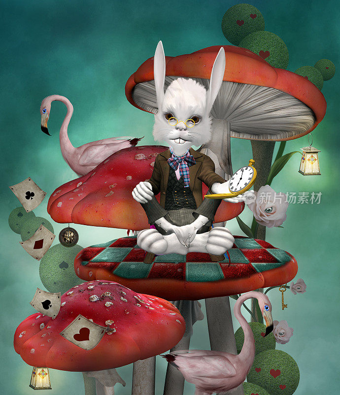 在梦幻的风景中，一只带时钟的兔子坐在蘑菇上