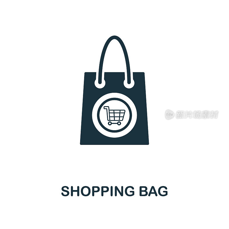 购物袋图标。来自电子商务图标集合的单色风格设计。UI。像素完美简单的象形购物袋图标。网页设计，应用程序，软件，打印使用。