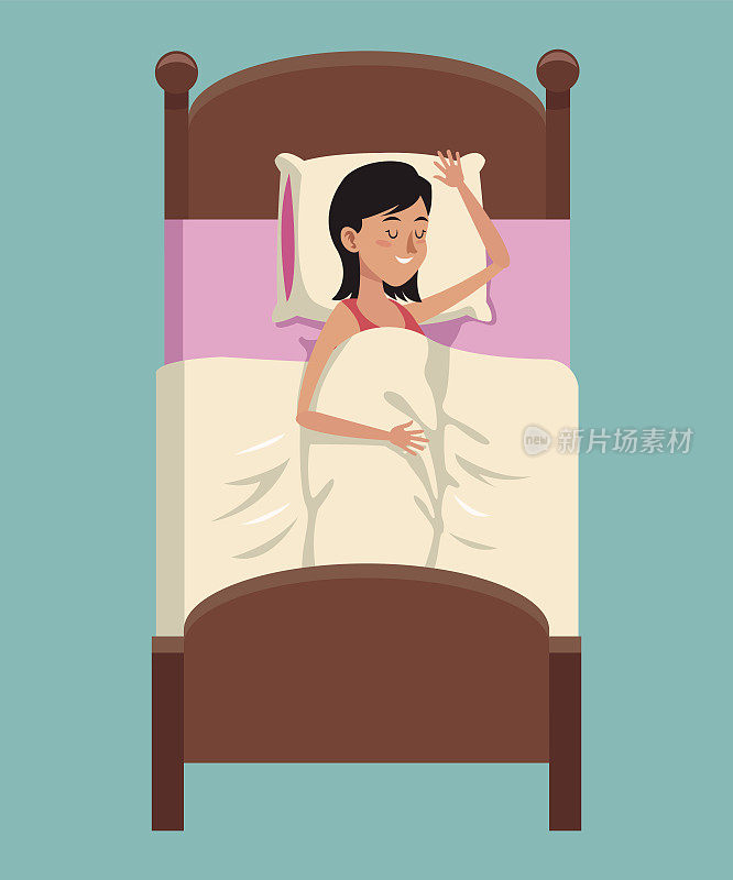 卡通女子平静地睡在床上