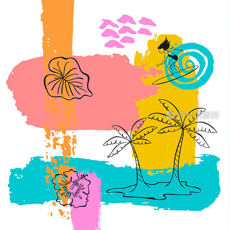 手绘抽象离奇的夏季时间油漆笔刷艺术笔触纹理和勾勒拼贴卡背景与棕榈树、芙蓉花和冲浪者