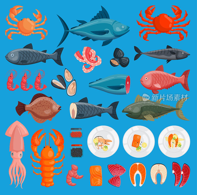 矢量海鲜菜肴鲜鱼虾、蟹、鱿鱼插图集设计平鱼、蟹食品牡蛎海鲜虾菜单章鱼动物贝类
