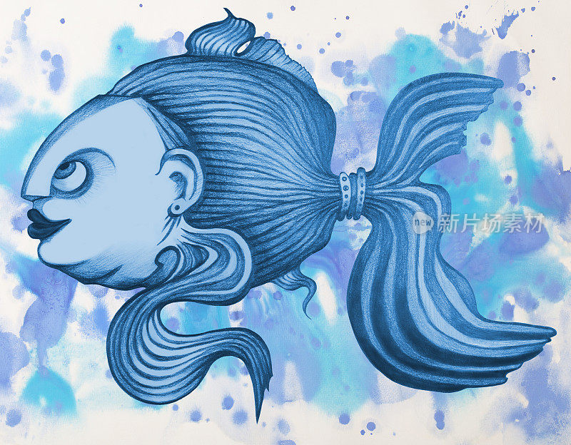 时尚插图作者的艺术作品画水彩肖像的女人在形式的鱼