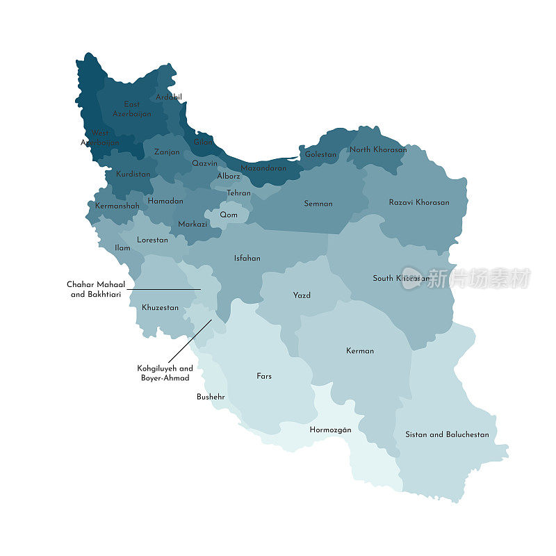 简化的伊朗行政地图矢量孤立插图。省的边界和名称。五颜六色的蓝色卡其色轮廓