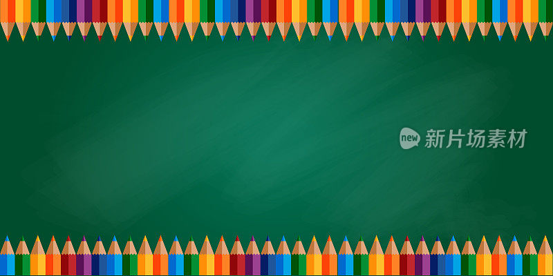 回到学校的概念。绿色的黑板和彩色的文具。
