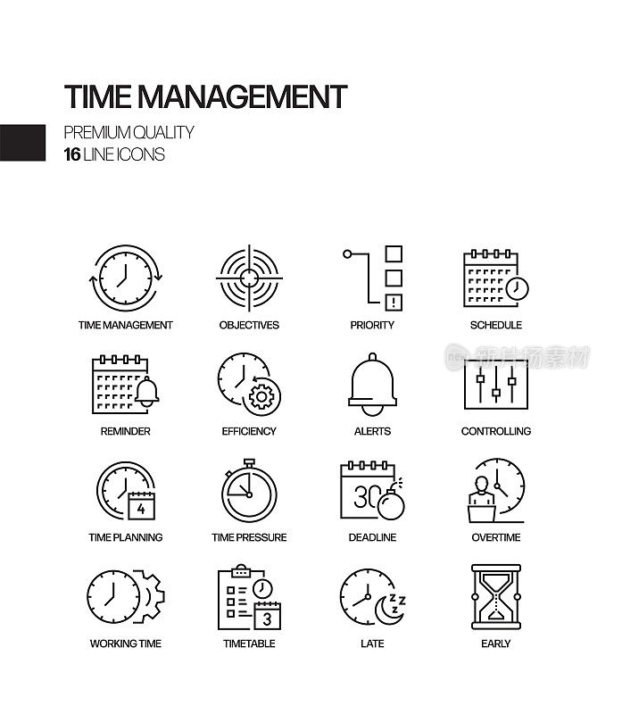 时间管理相关的矢量线图标的简单设置。大纲符号集合