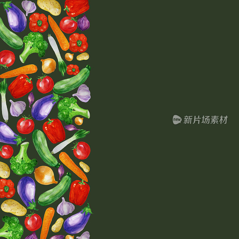 水彩蔬菜背景以番茄、洋葱、红辣椒、茄子等为主。食谱，食谱设计，包，包装。食品的背景。