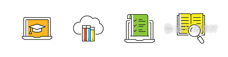 在线教育相关的矢量线图标。大纲符号集合。