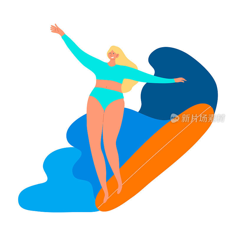 冲浪者女孩角色在蓝色泳衣与冲浪板骑在海浪上。矢量插图在平面卡通风格