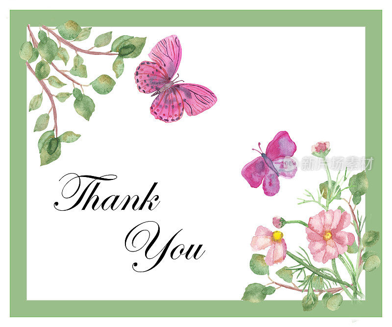 水彩画自然浪漫的框架与绿色的桉树枝叶，粉红色的花朵和两只粉红色的蝴蝶在白色的背景上与感谢你的文字贺卡