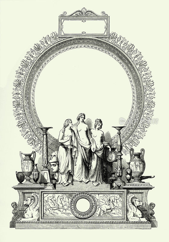复古华丽的框架与希腊女神，英国维多利亚版画，1875年