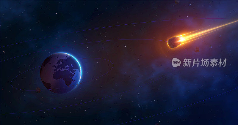 地球和燃烧的彗星的空间背景。巨大的小行星正在接近地球。现实的陨石的方法。矢量图