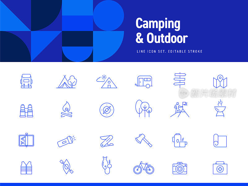 露营和户外活动相关的线图标。可编辑的中风。简单的轮廓图标。