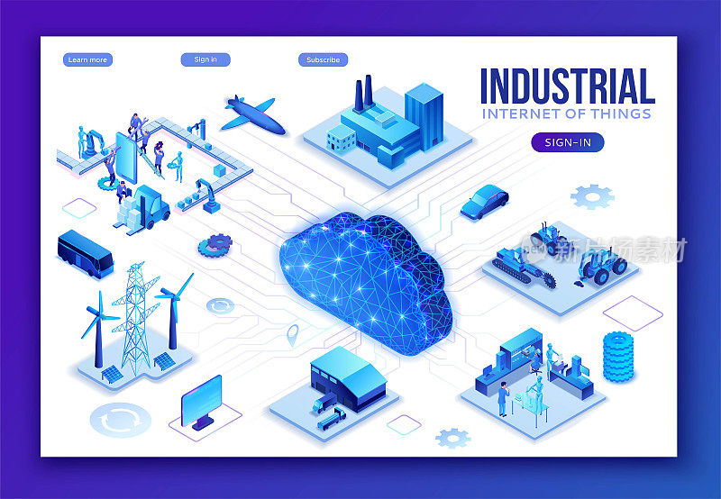 工业物联网信息图形插图，蓝色霓虹概念与工厂，电站，云三维等距图标，智能交通系统，采矿机器，数据保护