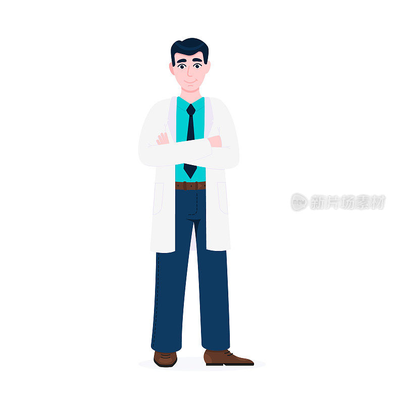 医生站着，双手交叉握住平面风格设计矢量插图孤立在白色的背景。医疗中心医院员工