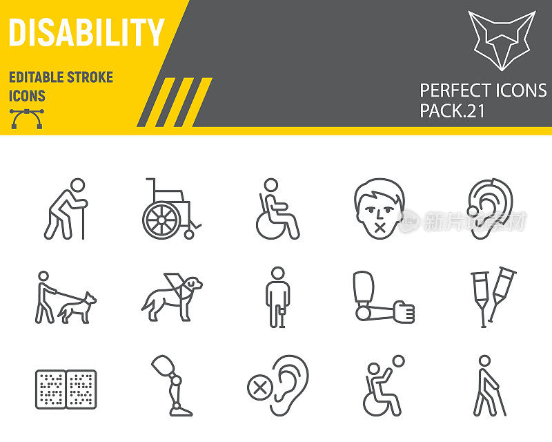 残疾线条图标集，残疾人收藏，矢量草图，标志插图，残疾图标，残疾标志线形象形图，可编辑的笔触。