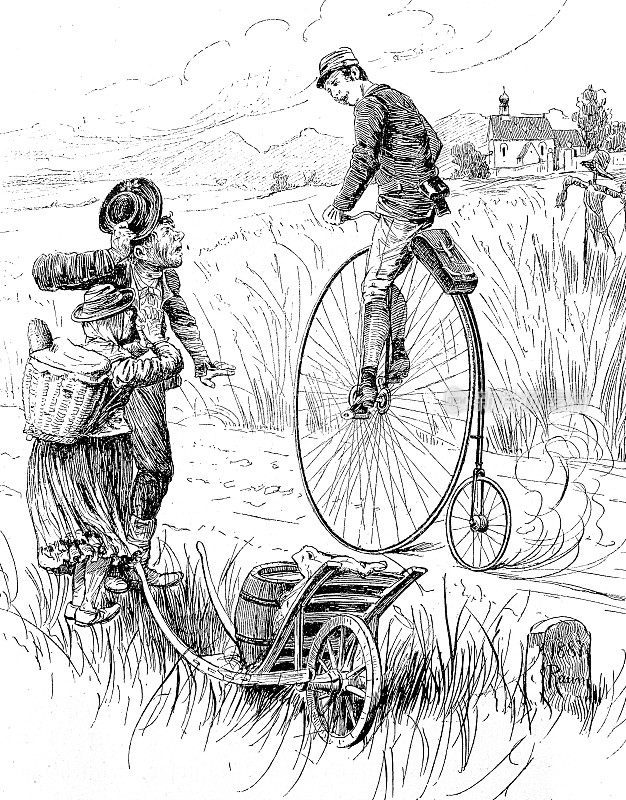一对农民夫妇站在地里，被一个一文不值的自行车手吓了一跳