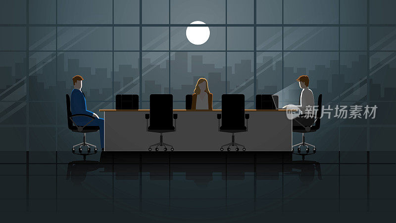 企业所有者和员工在办公室的窗口会议室开会。在黑暗中工作，满月时在光明中工作。城市生活方式的努力工作，加班和过度工作。构思插图概念场景。