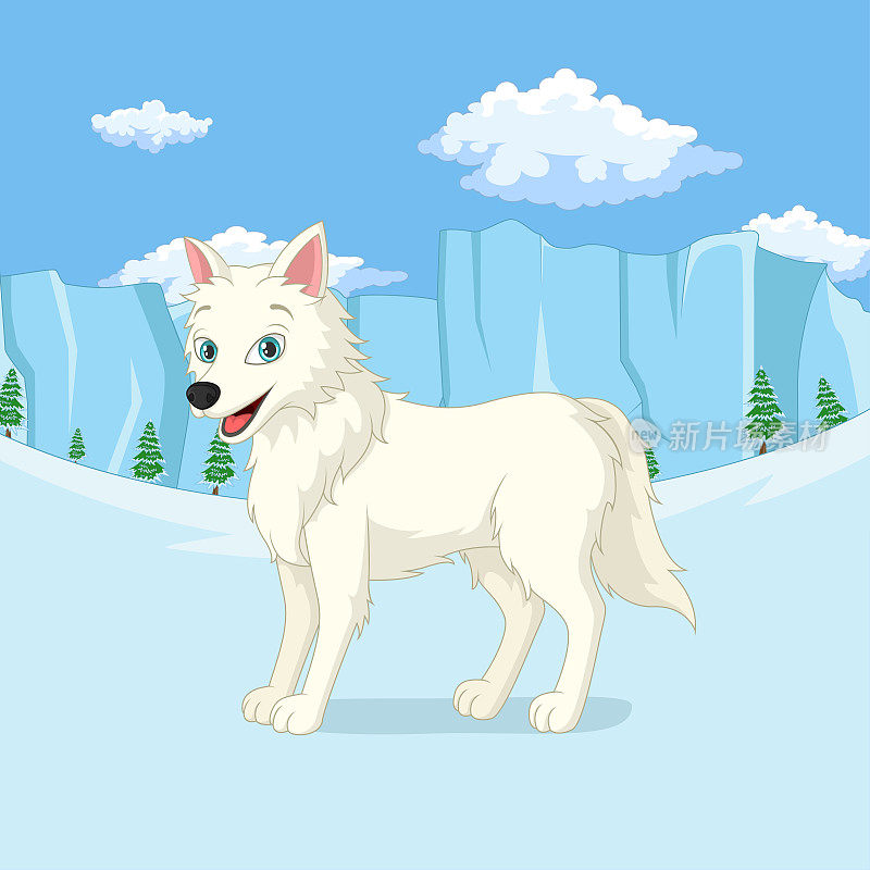 卡通的北极狼站在冬天的森林里