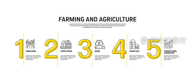 农业和农业相关过程信息图模板。过程时间图。带图标的工作流布局