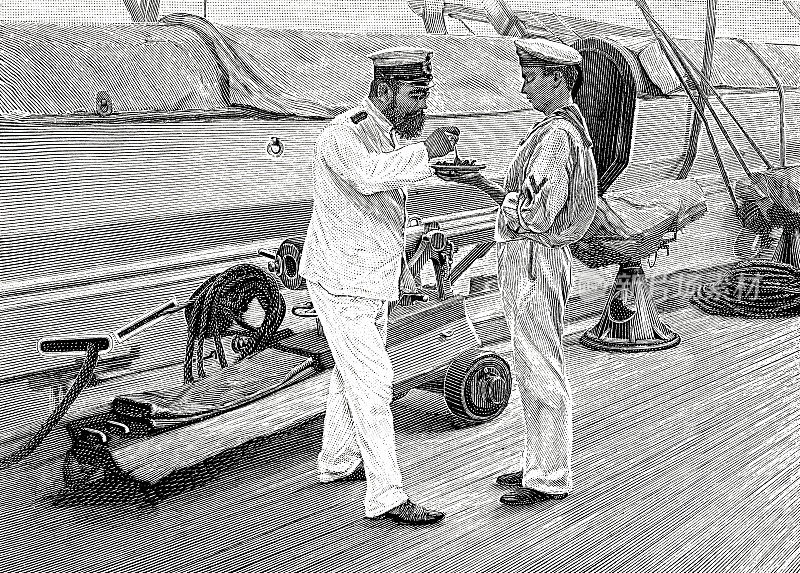 在航行训练船上:指挥官从一名学员身上取食物样本