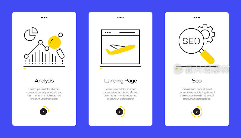 带有平面图标的移动应用页面屏幕用户体验，用户界面设计模板矢量插图