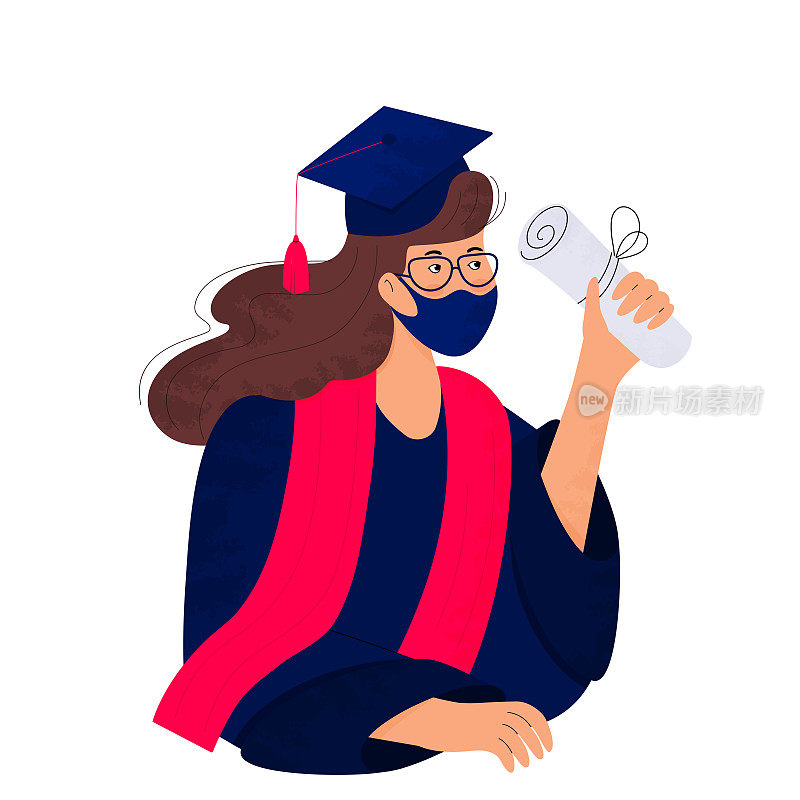 一名戴着防护面具的女学生手里拿着文凭。在新冠病毒隔离期间，穿着学士服和学士帽的毕业生庆祝毕业。2021届毕业生